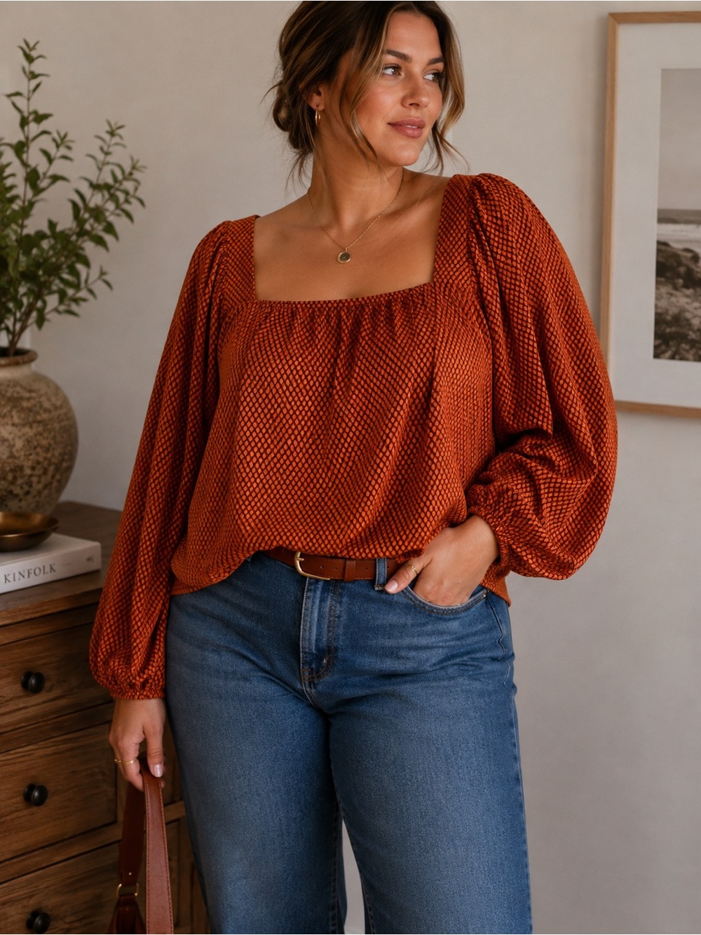 Levi’s Rust Geometric Puff Sleeve Square Neck Blouse NWT Plus 4X Fall Boho